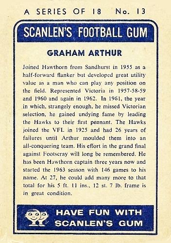 1963 Scanlens VFL #13 Graham Arthur Back